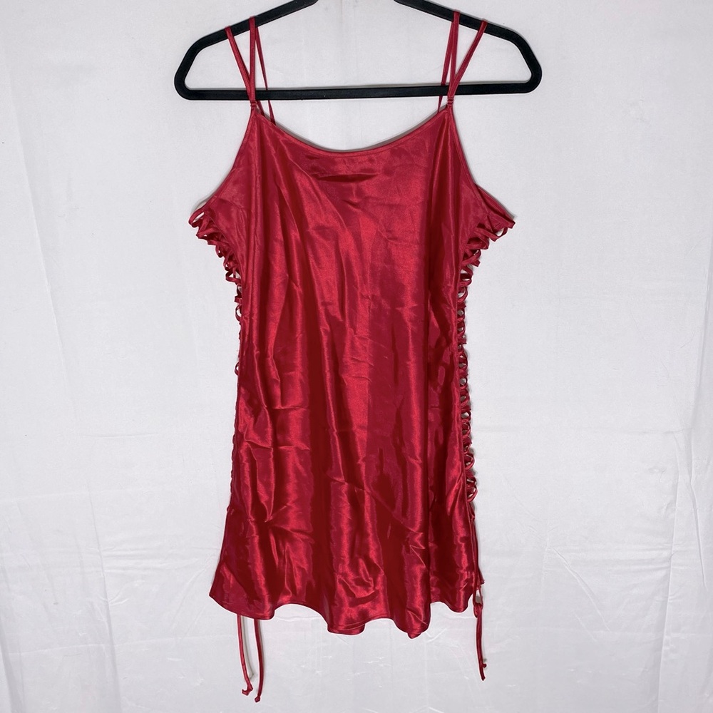 La Vie en Rose Red Satin Faux Lace Up Slip Dress Lingerie XL